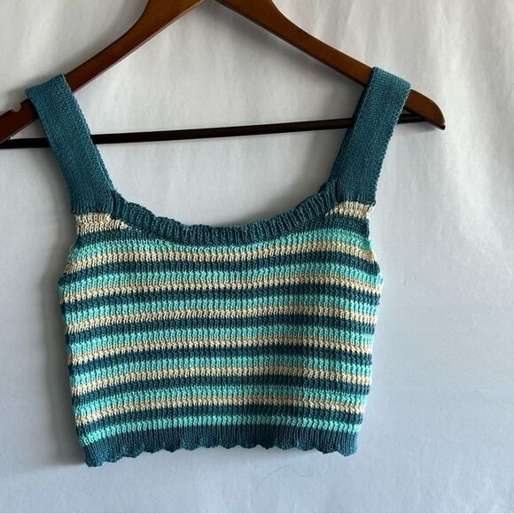 Women's Turquoise Striped Knit Crochet Crop Top - Picture 6 of 6